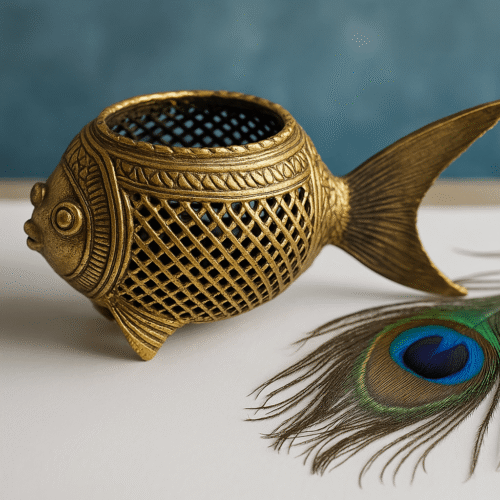 Dhokra Fish Pen Stand - Brass 300 gm