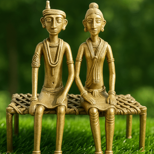 Dhokra Couple – Tribal Brass Couple On Woven Bench(550gm)