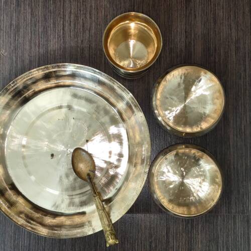 Pure Kansa (Bronze) Combo Dining Set – 1 Plate, 2 Bowls, 1 Glass, 1 Spoon (1750–2000 gm)