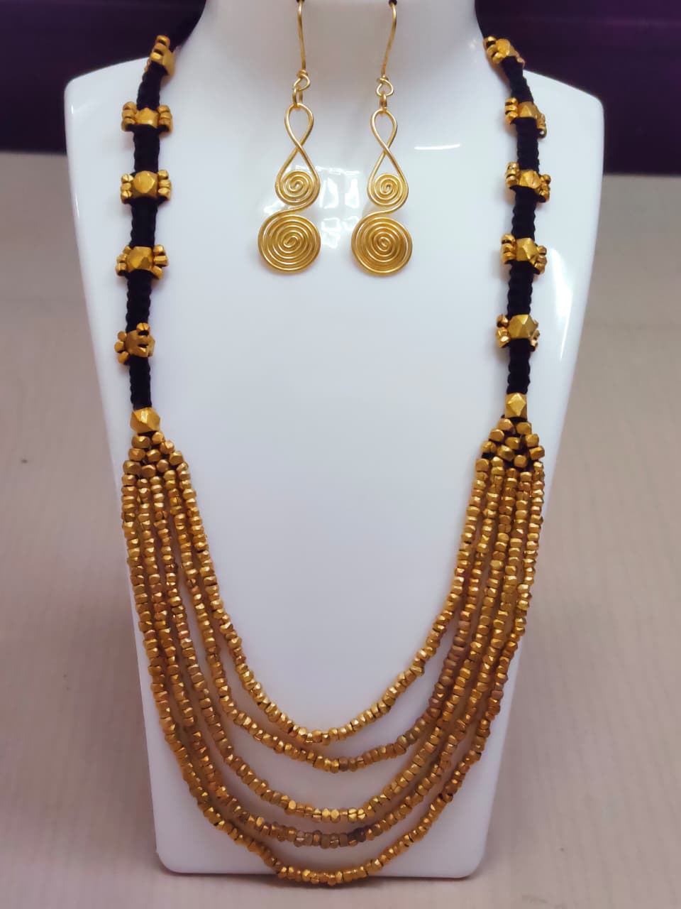 Panchdhara Shobha – Five-Layer Brass Bead Necklace with Spiral Drop Earrings (21”) - Image 5
