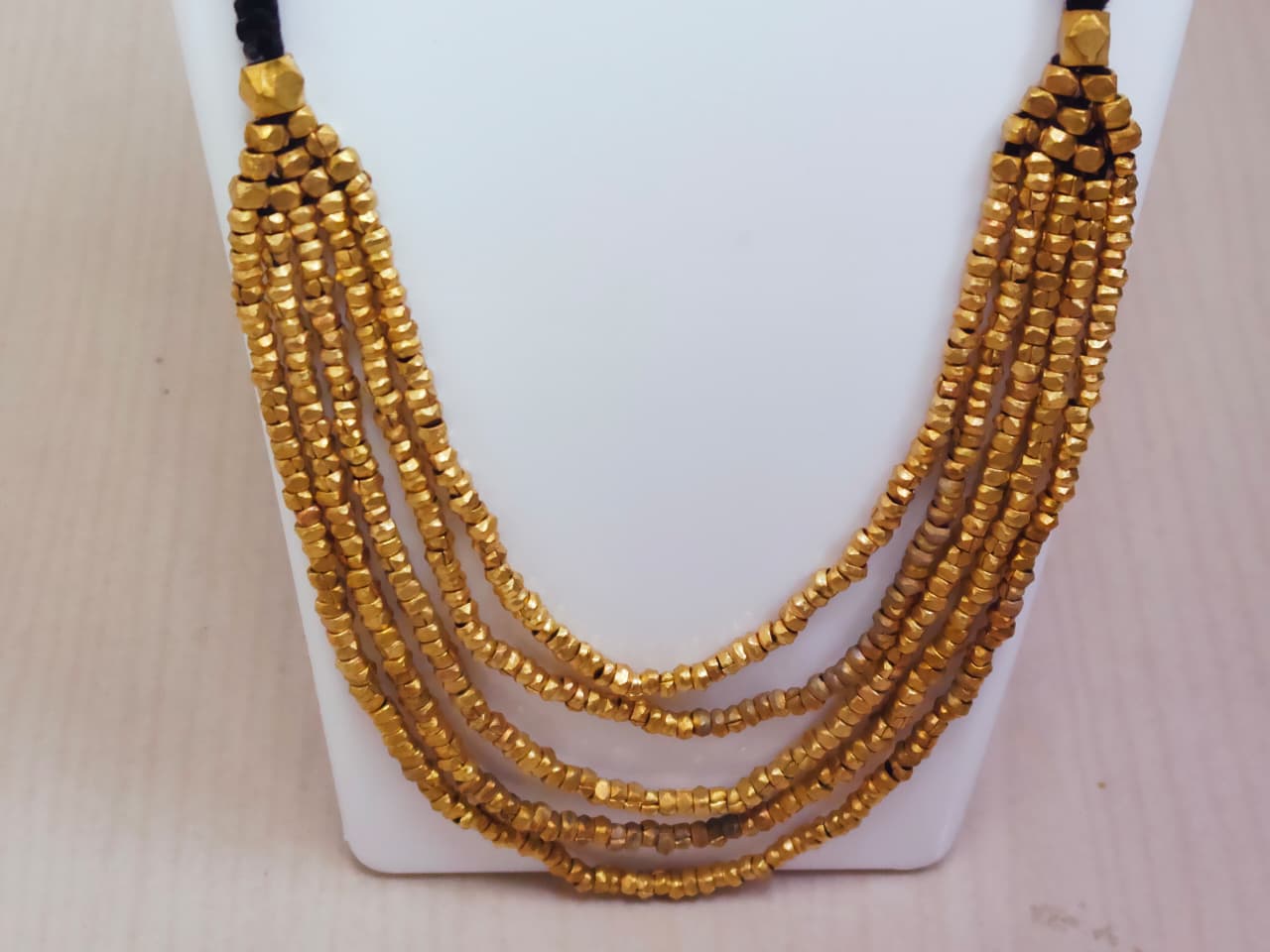 Panchdhara Shobha – Five-Layer Brass Bead Necklace with Spiral Drop Earrings (21”) - Image 2