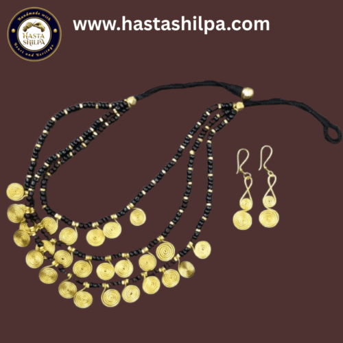 Tribal Elegance – Handmade Dhokra Necklace with Triple Spiral Lines & Double Spiral Earrings (22 cm)
