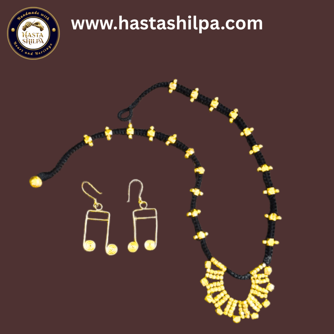 Tribal Elegance – Handmade Dhokra Beaded Rythm Necklace with Square Spiral Earrings (20")