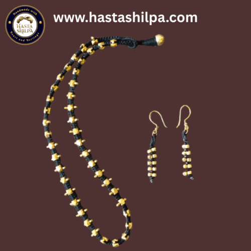 Tribal Elegance - Women's Trendy And Traditional Cotton Black Thread Handmade Dhokra Gold Polished Beautiful Neck Choker With A Pair Of Earrings (20")