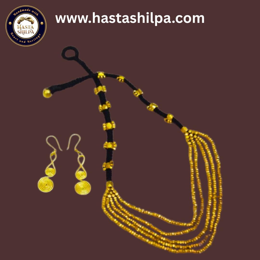 Panchdhara Shobha – Five-Layer Brass Bead Necklace with Spiral Drop Earrings (21”)