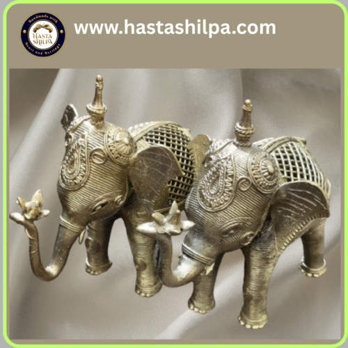 Adorned Brass Large Elephant Duo of Prosperity | Dhokra Art (2 Pcs, 2.1 kg)